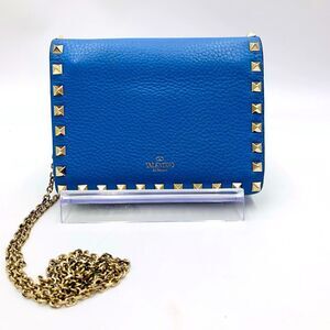 Auth Valentino Garavani Blue Rockstud Leather Mini WOC Clutch Chainlink Bag